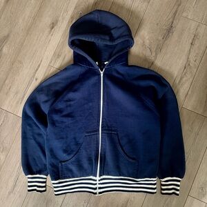 Vintage 1980s Navy Blue Zip-Up Hoodie with Striped Cuffs
